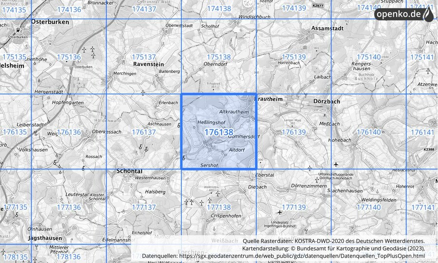 Übersichtskarte des KOSTRA-DWD-2020-Rasterfeldes Nr. 176138