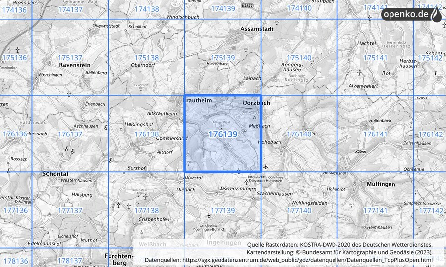 Übersichtskarte des KOSTRA-DWD-2020-Rasterfeldes Nr. 176139