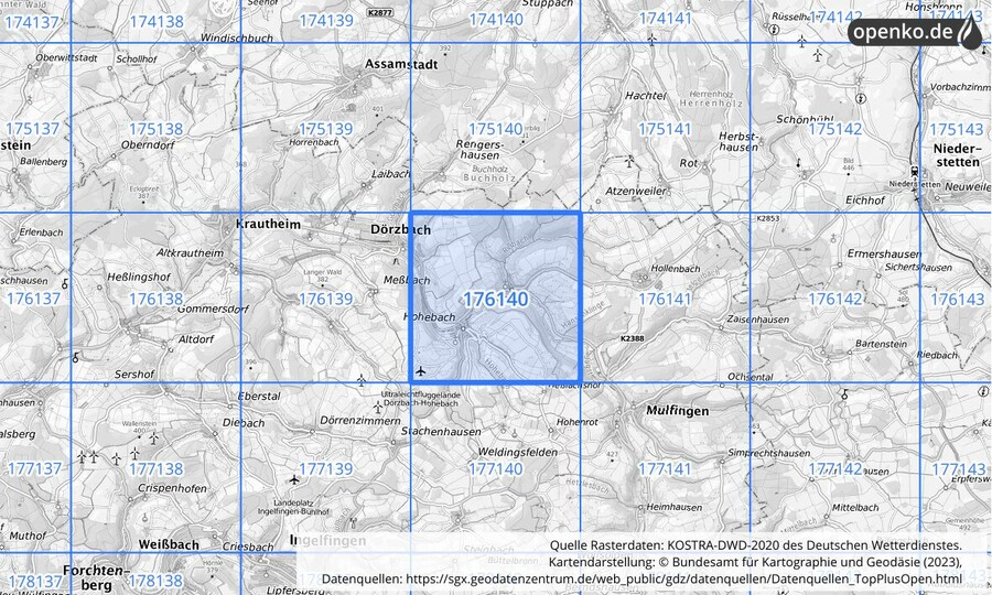 Übersichtskarte des KOSTRA-DWD-2020-Rasterfeldes Nr. 176140