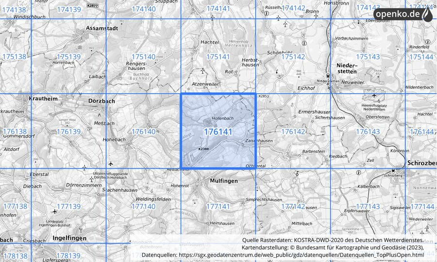 Übersichtskarte des KOSTRA-DWD-2020-Rasterfeldes Nr. 176141