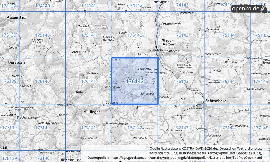 Übersichtskarte des KOSTRA-DWD-2020-Rasterfeldes Nr. 176142