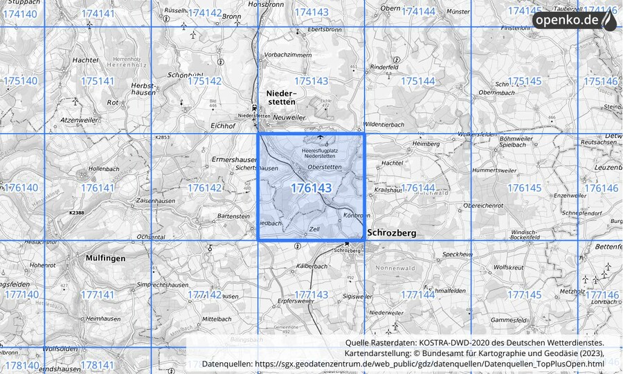 Übersichtskarte des KOSTRA-DWD-2020-Rasterfeldes Nr. 176143