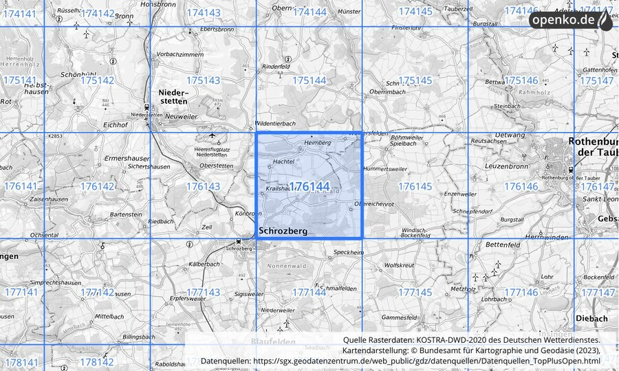 Übersichtskarte des KOSTRA-DWD-2020-Rasterfeldes Nr. 176144