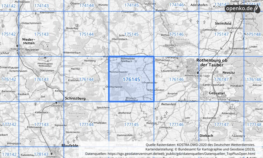 Übersichtskarte des KOSTRA-DWD-2020-Rasterfeldes Nr. 176145