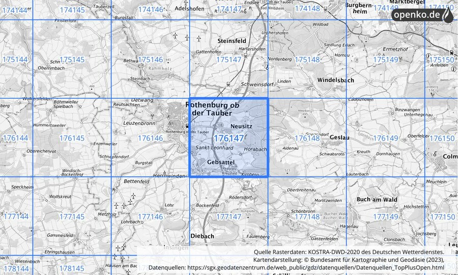 Übersichtskarte des KOSTRA-DWD-2020-Rasterfeldes Nr. 176147