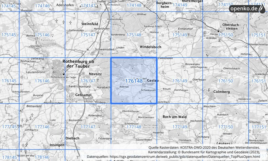 Übersichtskarte des KOSTRA-DWD-2020-Rasterfeldes Nr. 176148