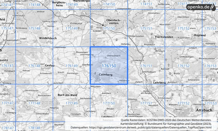 Übersichtskarte des KOSTRA-DWD-2020-Rasterfeldes Nr. 176150
