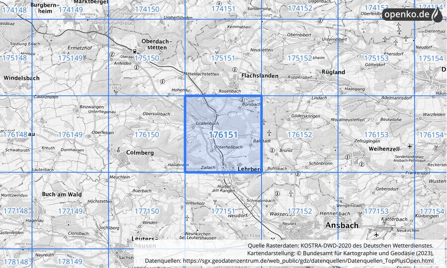 Übersichtskarte des KOSTRA-DWD-2020-Rasterfeldes Nr. 176151