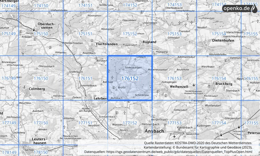 Übersichtskarte des KOSTRA-DWD-2020-Rasterfeldes Nr. 176152