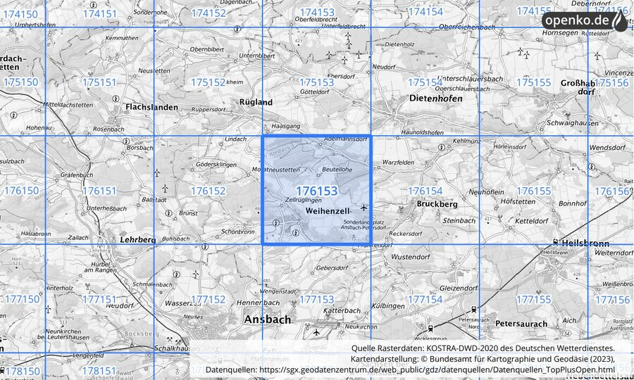 Übersichtskarte des KOSTRA-DWD-2020-Rasterfeldes Nr. 176153