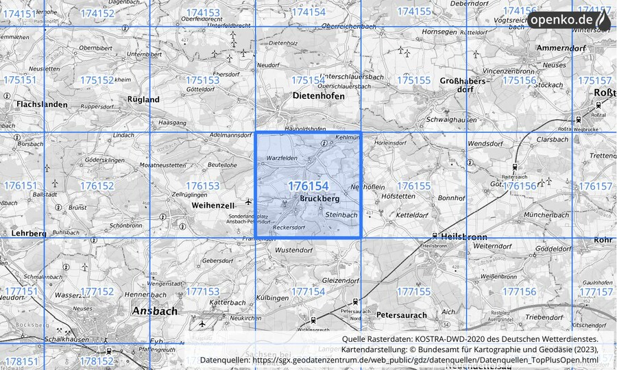 Übersichtskarte des KOSTRA-DWD-2020-Rasterfeldes Nr. 176154