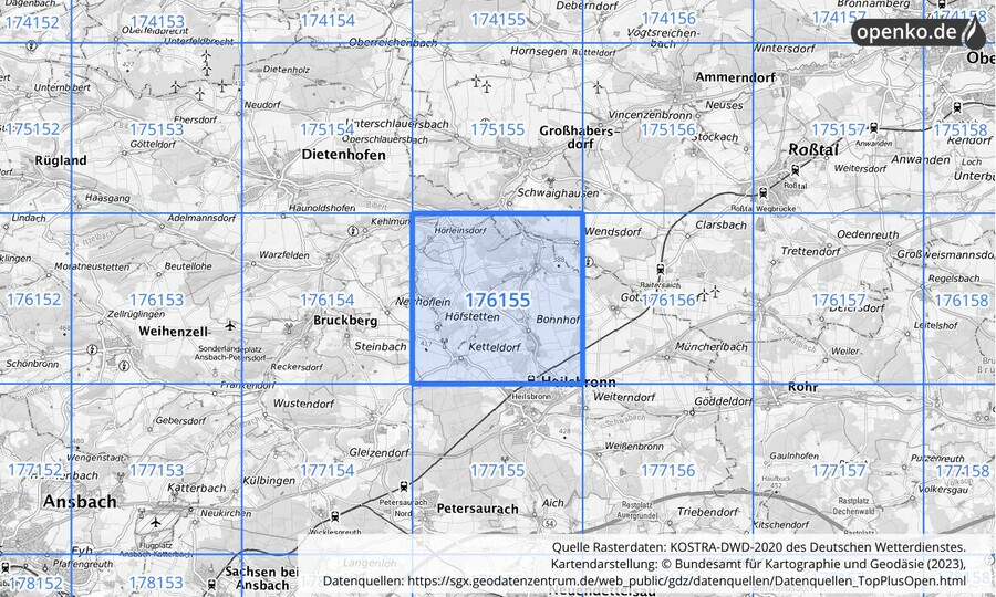 Übersichtskarte des KOSTRA-DWD-2020-Rasterfeldes Nr. 176155