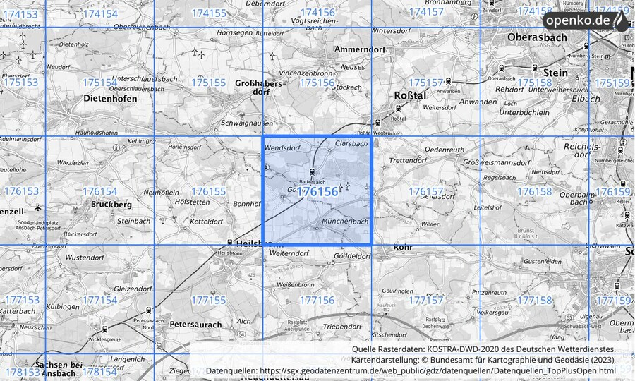 Übersichtskarte des KOSTRA-DWD-2020-Rasterfeldes Nr. 176156