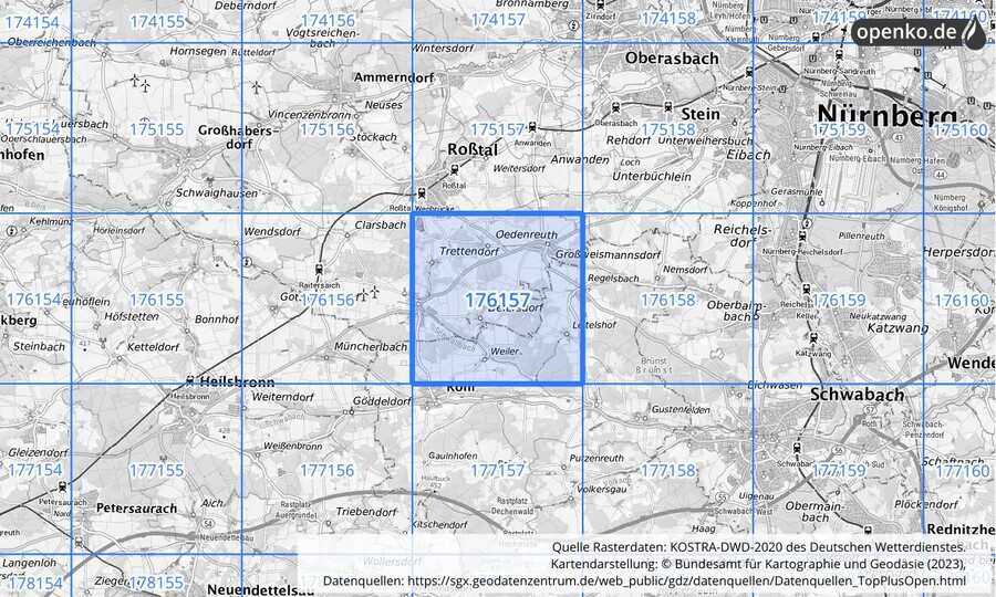 Übersichtskarte des KOSTRA-DWD-2020-Rasterfeldes Nr. 176157