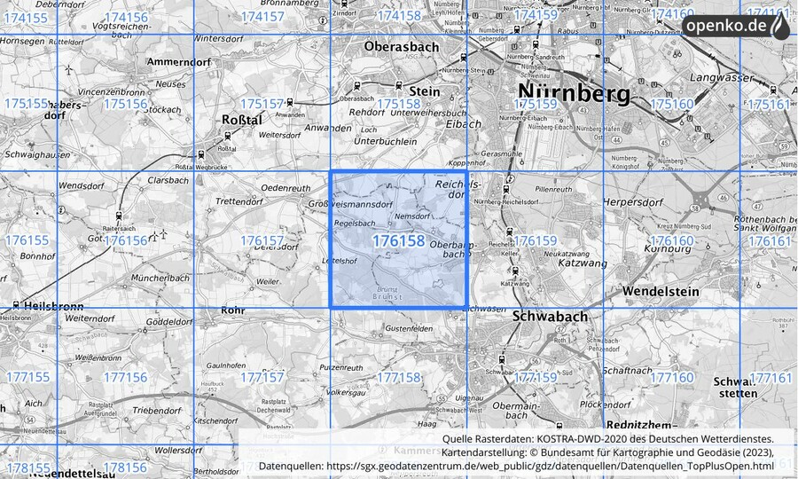 Übersichtskarte des KOSTRA-DWD-2020-Rasterfeldes Nr. 176158