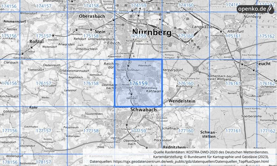 Übersichtskarte des KOSTRA-DWD-2020-Rasterfeldes Nr. 176159