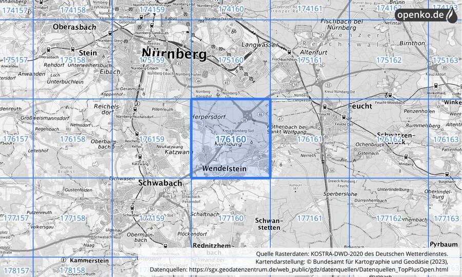 Übersichtskarte des KOSTRA-DWD-2020-Rasterfeldes Nr. 176160