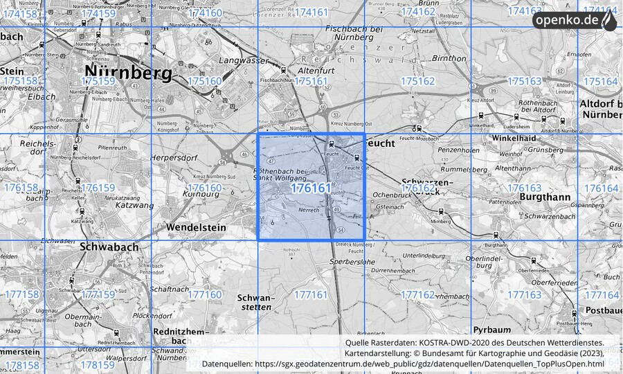 Übersichtskarte des KOSTRA-DWD-2020-Rasterfeldes Nr. 176161