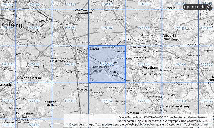 Übersichtskarte des KOSTRA-DWD-2020-Rasterfeldes Nr. 176162