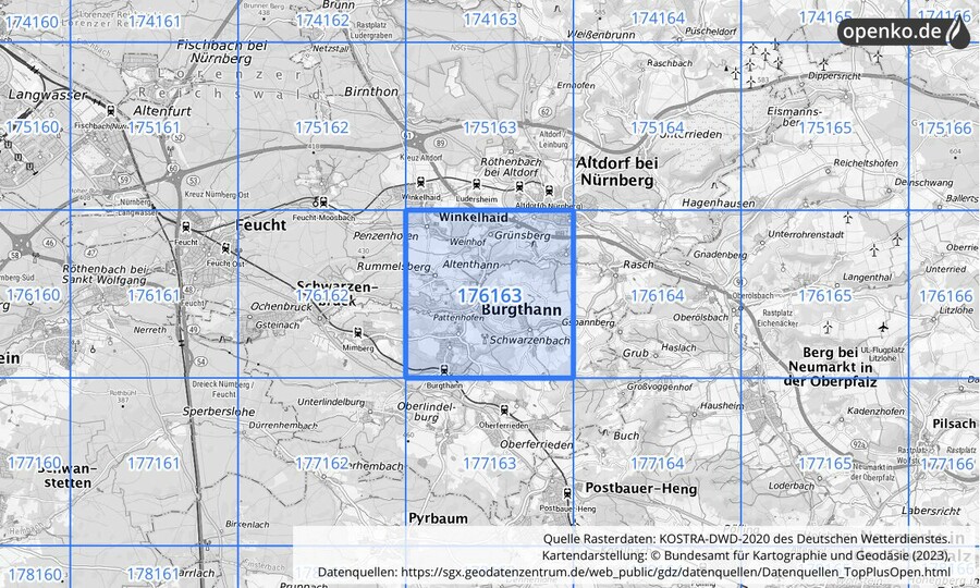 Übersichtskarte des KOSTRA-DWD-2020-Rasterfeldes Nr. 176163