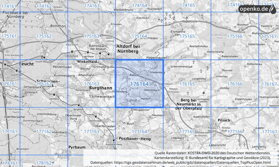 Übersichtskarte des KOSTRA-DWD-2020-Rasterfeldes Nr. 176164