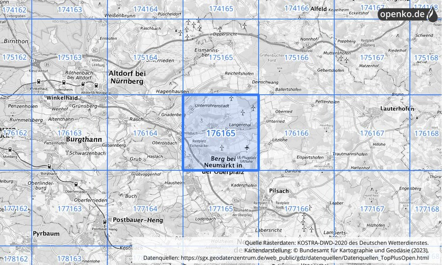 Übersichtskarte des KOSTRA-DWD-2020-Rasterfeldes Nr. 176165