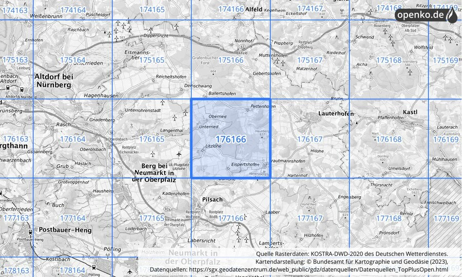 Übersichtskarte des KOSTRA-DWD-2020-Rasterfeldes Nr. 176166