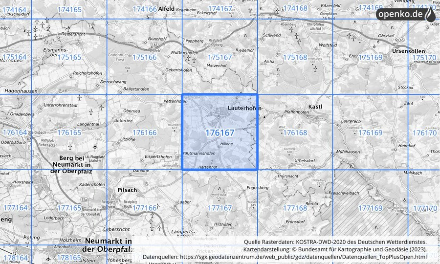 Übersichtskarte des KOSTRA-DWD-2020-Rasterfeldes Nr. 176167