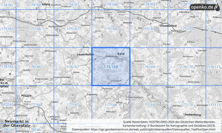 Übersichtskarte des KOSTRA-DWD-2020-Rasterfeldes Nr. 176168