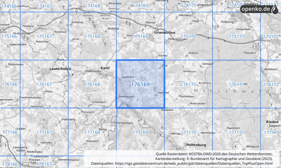 Übersichtskarte des KOSTRA-DWD-2020-Rasterfeldes Nr. 176169