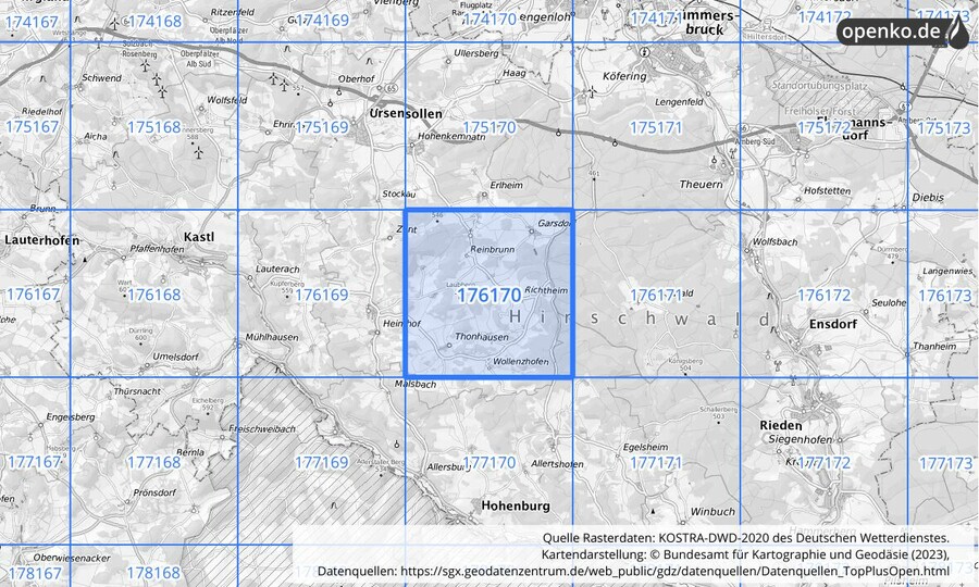 Übersichtskarte des KOSTRA-DWD-2020-Rasterfeldes Nr. 176170