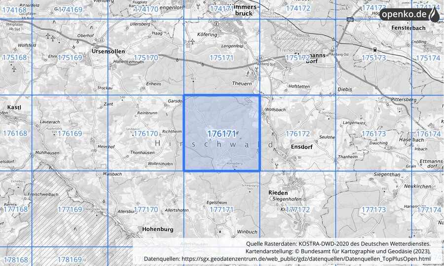 Übersichtskarte des KOSTRA-DWD-2020-Rasterfeldes Nr. 176171