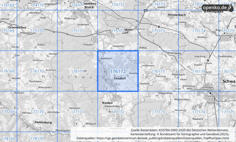Übersichtskarte des KOSTRA-DWD-2020-Rasterfeldes Nr. 176172