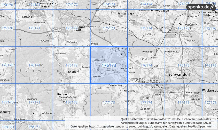 Übersichtskarte des KOSTRA-DWD-2020-Rasterfeldes Nr. 176173