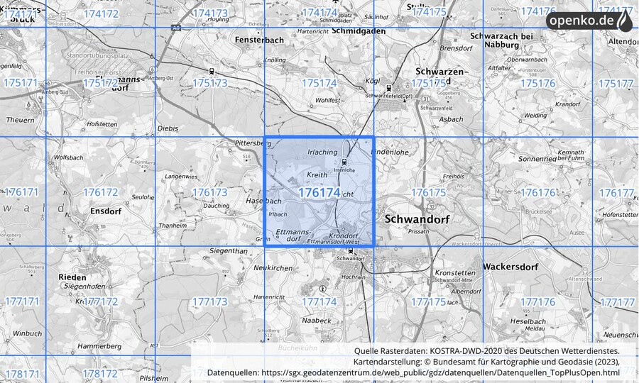 Übersichtskarte des KOSTRA-DWD-2020-Rasterfeldes Nr. 176174