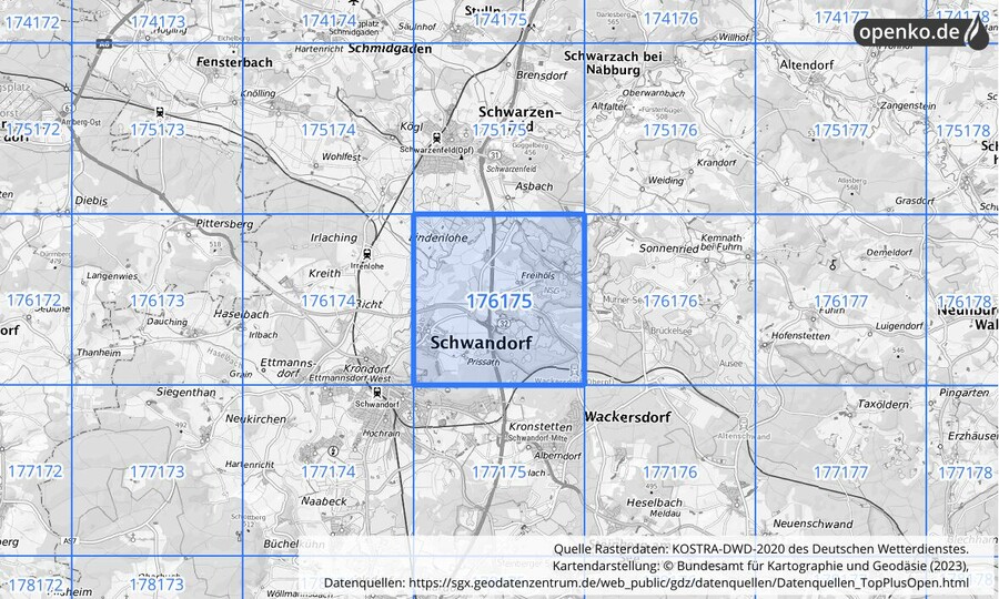 Übersichtskarte des KOSTRA-DWD-2020-Rasterfeldes Nr. 176175