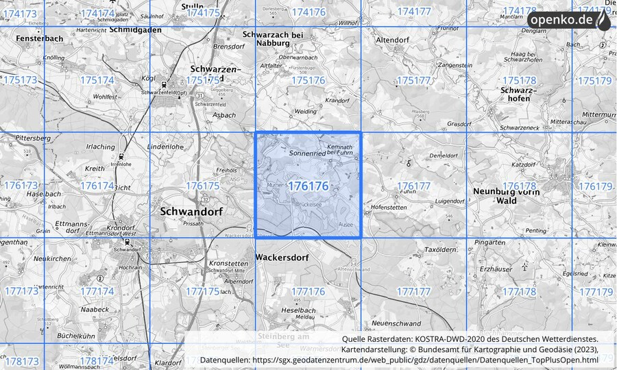 Übersichtskarte des KOSTRA-DWD-2020-Rasterfeldes Nr. 176176