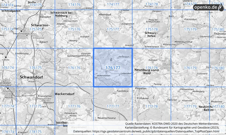 Übersichtskarte des KOSTRA-DWD-2020-Rasterfeldes Nr. 176177