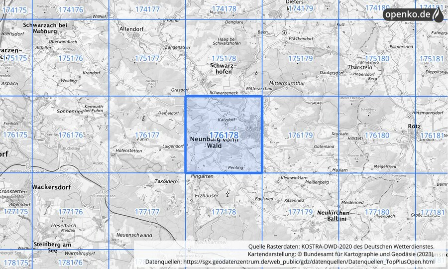 Übersichtskarte des KOSTRA-DWD-2020-Rasterfeldes Nr. 176178