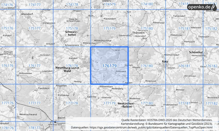 Übersichtskarte des KOSTRA-DWD-2020-Rasterfeldes Nr. 176179