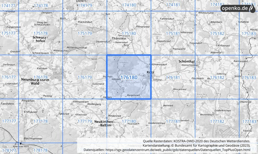 Übersichtskarte des KOSTRA-DWD-2020-Rasterfeldes Nr. 176180