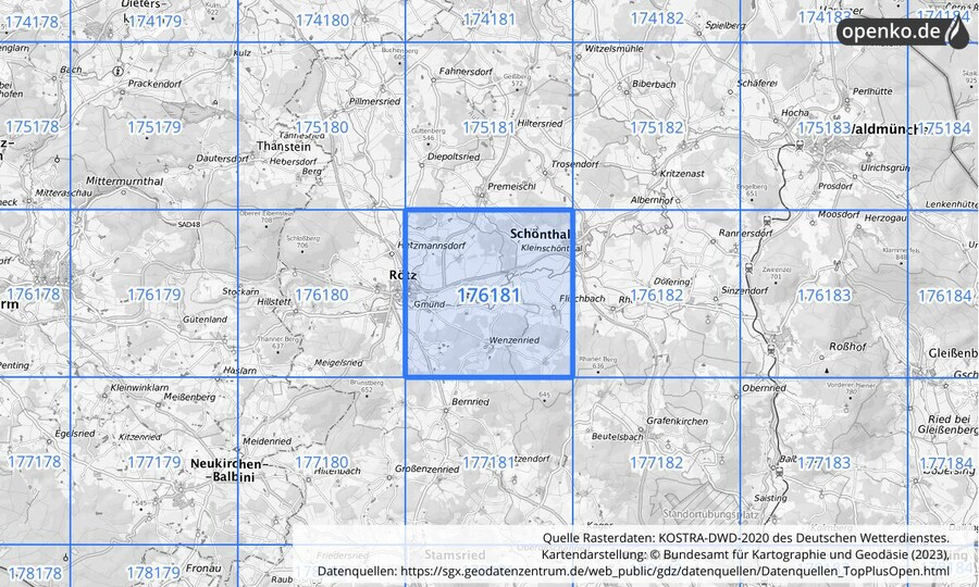 Übersichtskarte des KOSTRA-DWD-2020-Rasterfeldes Nr. 176181