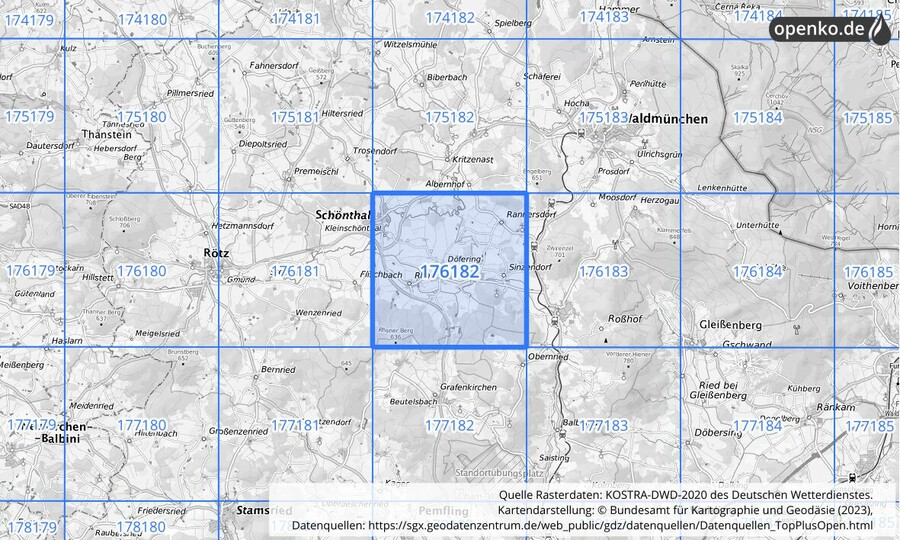 Übersichtskarte des KOSTRA-DWD-2020-Rasterfeldes Nr. 176182