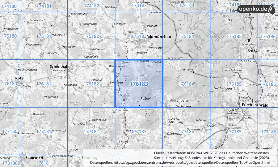 Übersichtskarte des KOSTRA-DWD-2020-Rasterfeldes Nr. 176183