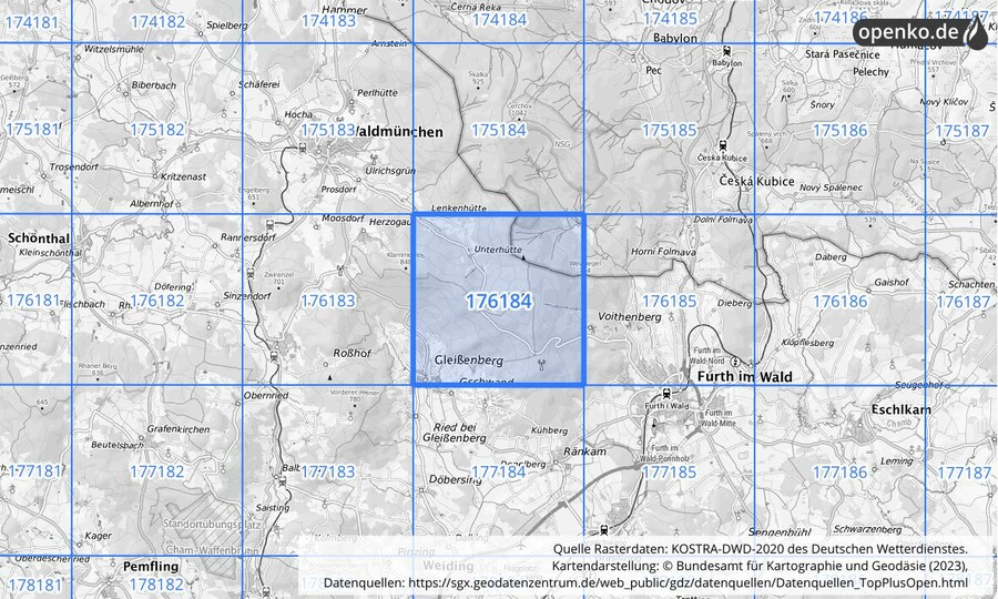 Übersichtskarte des KOSTRA-DWD-2020-Rasterfeldes Nr. 176184