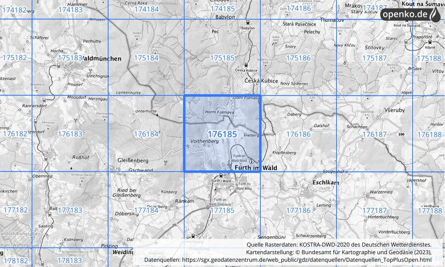 Übersichtskarte des KOSTRA-DWD-2020-Rasterfeldes Nr. 176185