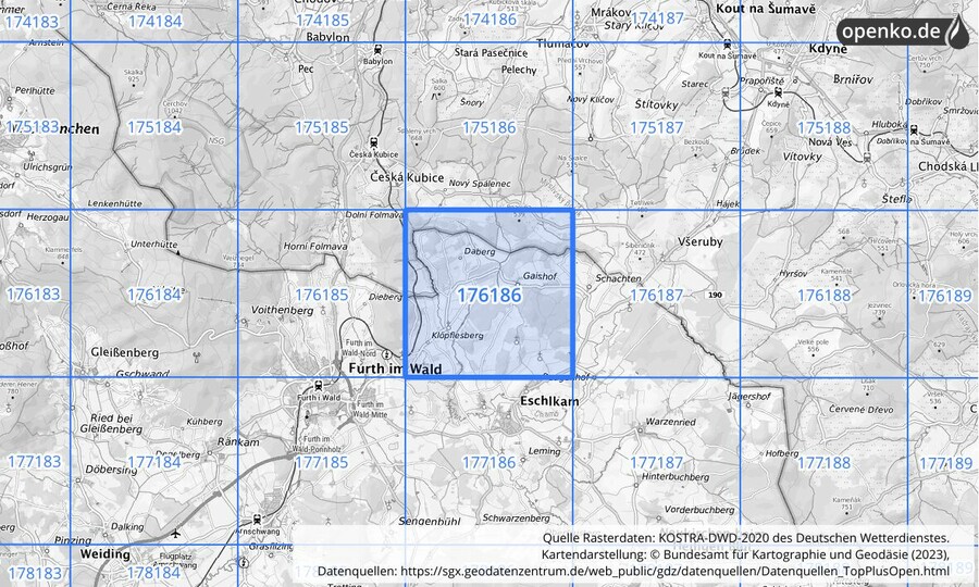 Übersichtskarte des KOSTRA-DWD-2020-Rasterfeldes Nr. 176186