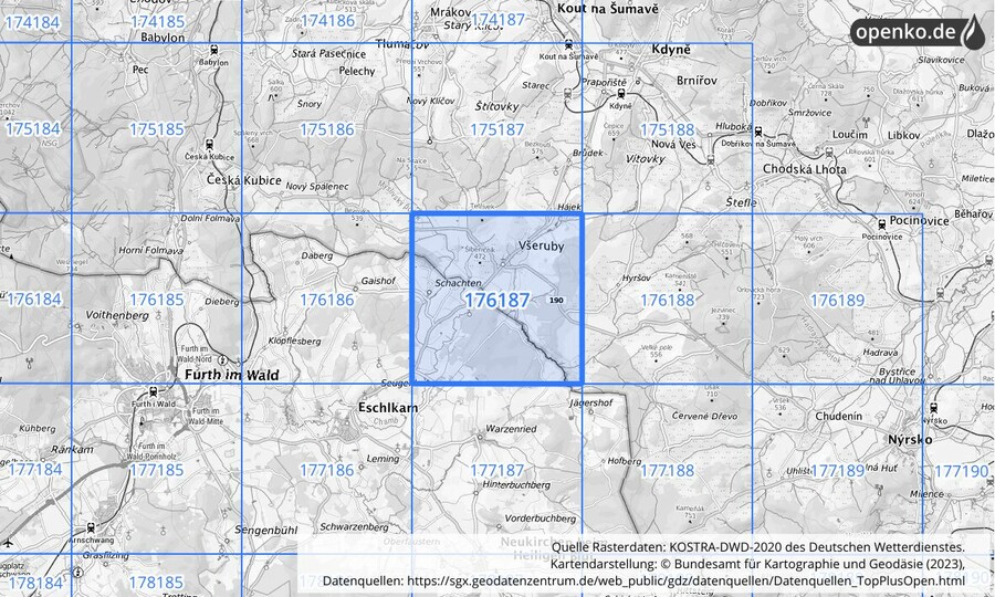 Übersichtskarte des KOSTRA-DWD-2020-Rasterfeldes Nr. 176187