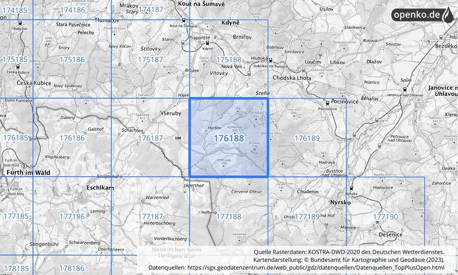 Übersichtskarte des KOSTRA-DWD-2020-Rasterfeldes Nr. 176188