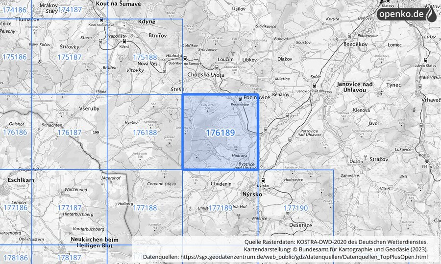 Übersichtskarte des KOSTRA-DWD-2020-Rasterfeldes Nr. 176189